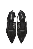 Woman Black Jeweled Open-Back Thin-Heeled Leather Shoes | Derimod