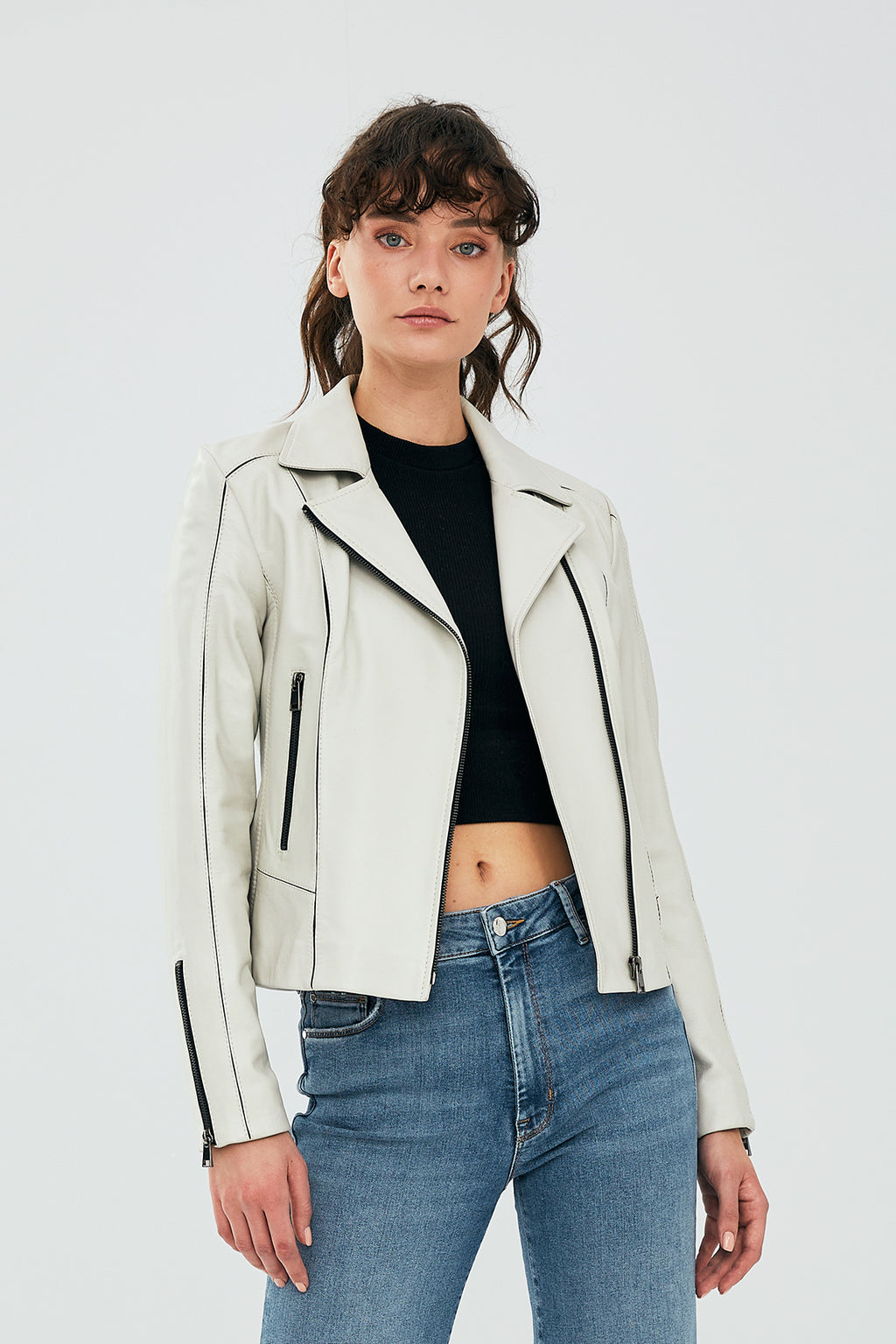 Kiara Kadın Bej Slim-Fit Biker Deri Ceket