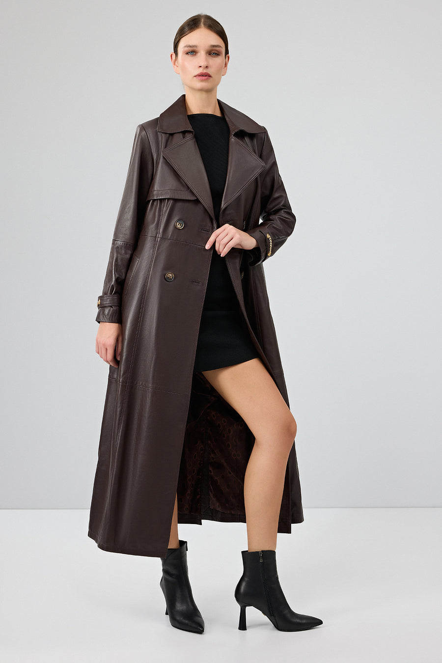 Jenny -X Women's Brown Belt Detailed Leather Trench Coat
