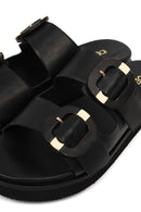 Women's Black Double Buckled Leather Slippers | Derimod