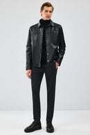 Enzo Men's Black Shirt Collar Leather Jacket | Derimod