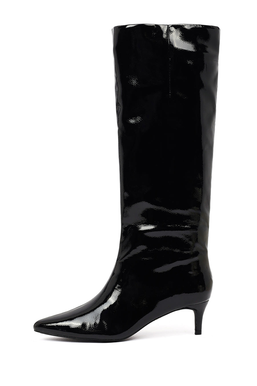 Woman Black Short Thin-Heeled Patent Leather Boot