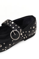 Women's Black Buckled Stoned Leather Ballerinas | Derimod