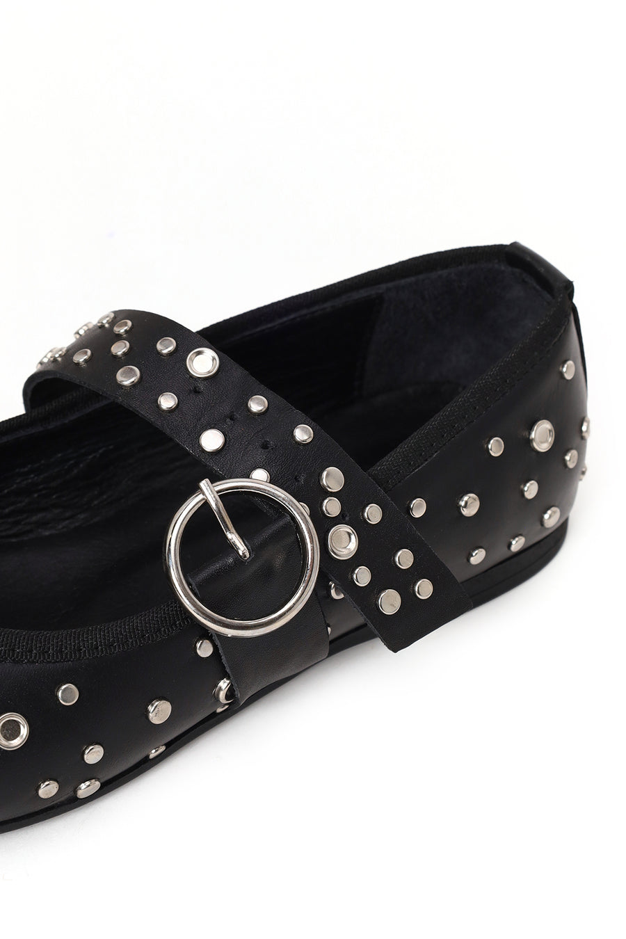 Women's Black Buckled Stoned Leather Ballerinas