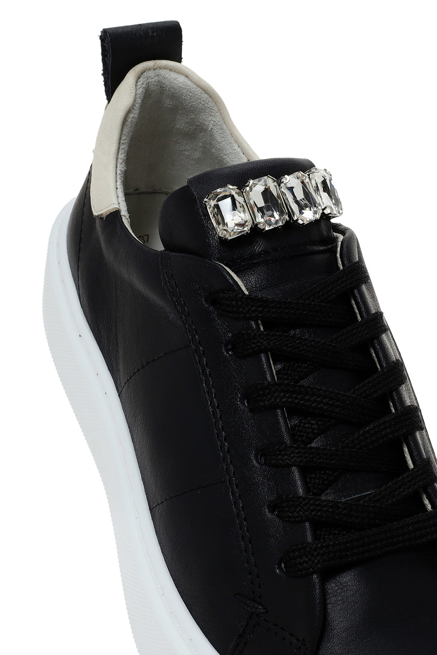 Women's Black Lace-up Leather Sneaker with Accessory Detail