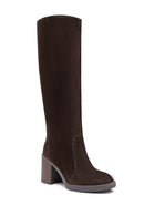 Woman Brown Zippered Chunky Heel Suede Leather Boot | Derimod