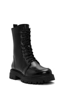 Woman Black Lace-Up Zipper Detail Leather Postal Boots | Derimod