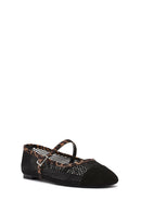 Women's Black Leopard Patterned Buckled Mesh Leather Ballerinas | Derimod