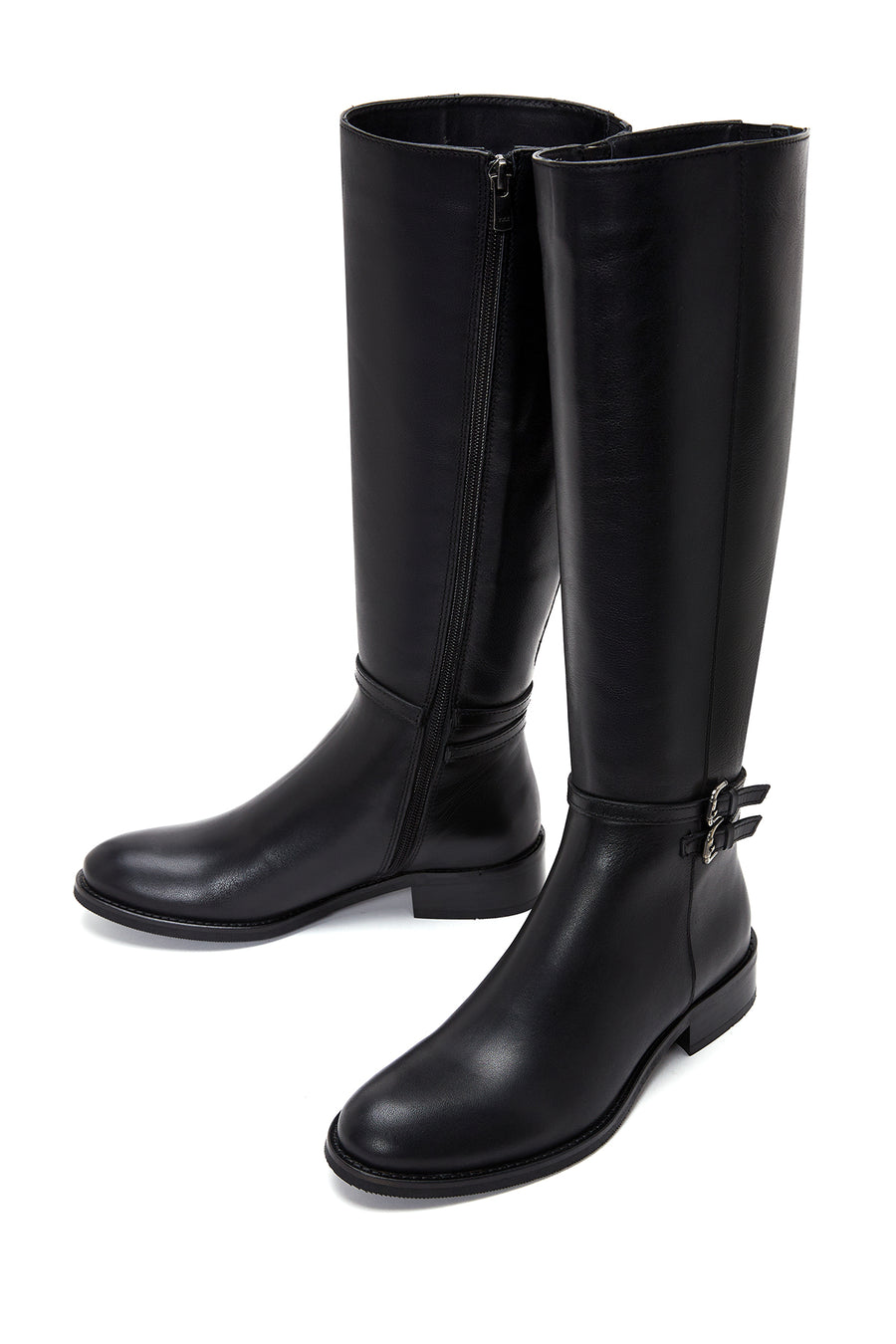 Woman Black Zippered Buckle Detail Leather Boot