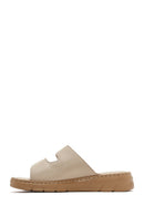 Women's Beige Double-Strap Leather Comfort Slippers | Derimod