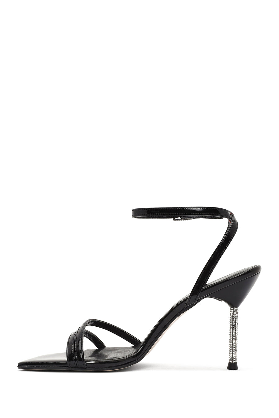 Women's Black Ankle Buckle Stoned Thin Heel Patent Leather Sandals