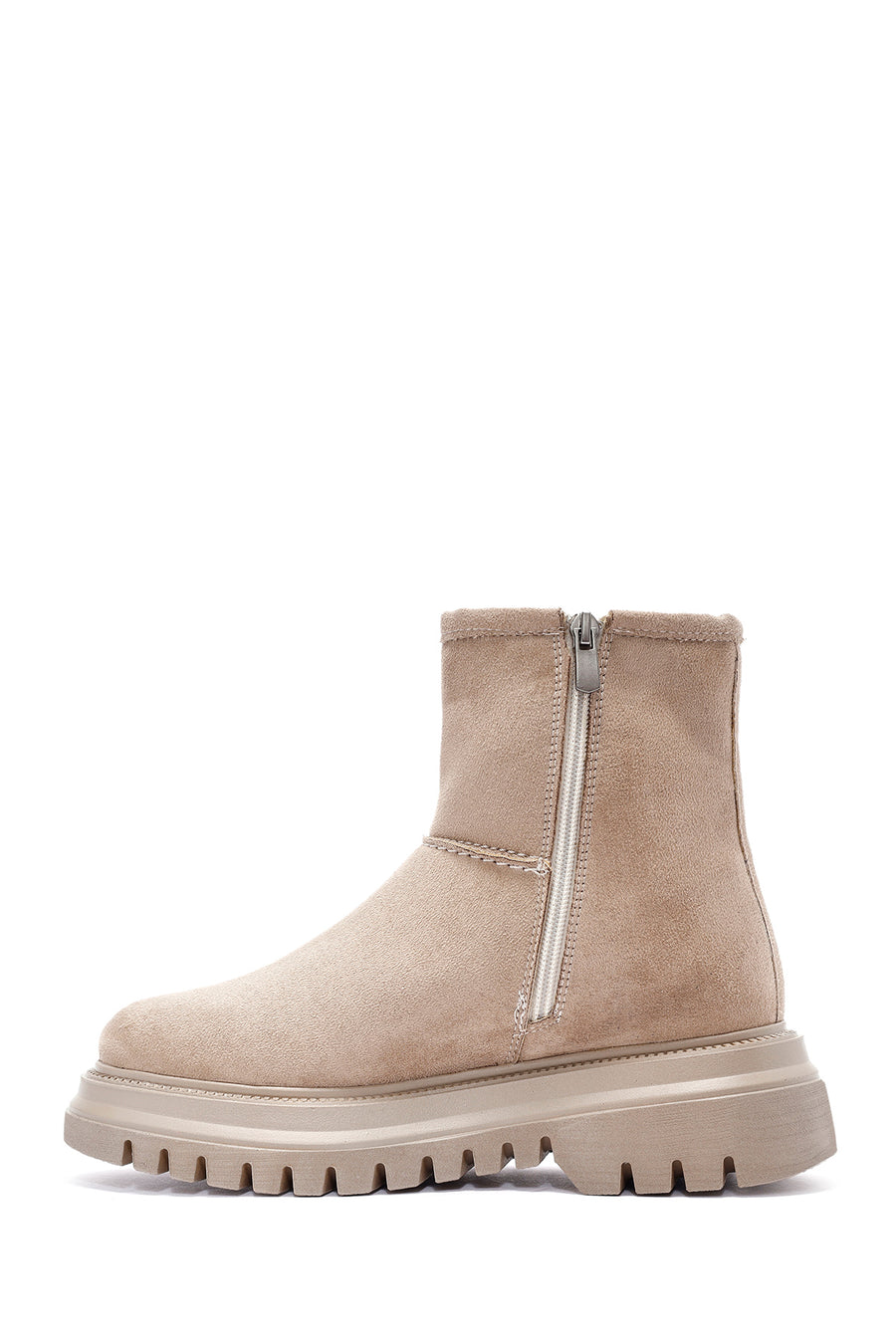 Woman Beige Zippered Suede Boots