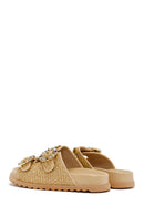 Women's Beige Straw Stone Slippers | Derimod