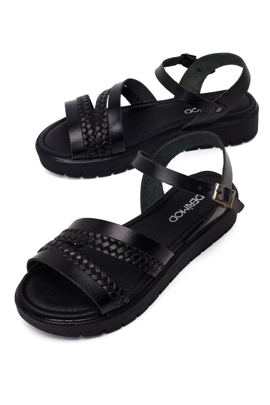 Woman Black Strappy Thick-Soled Braided Leather Bodrum Sandal