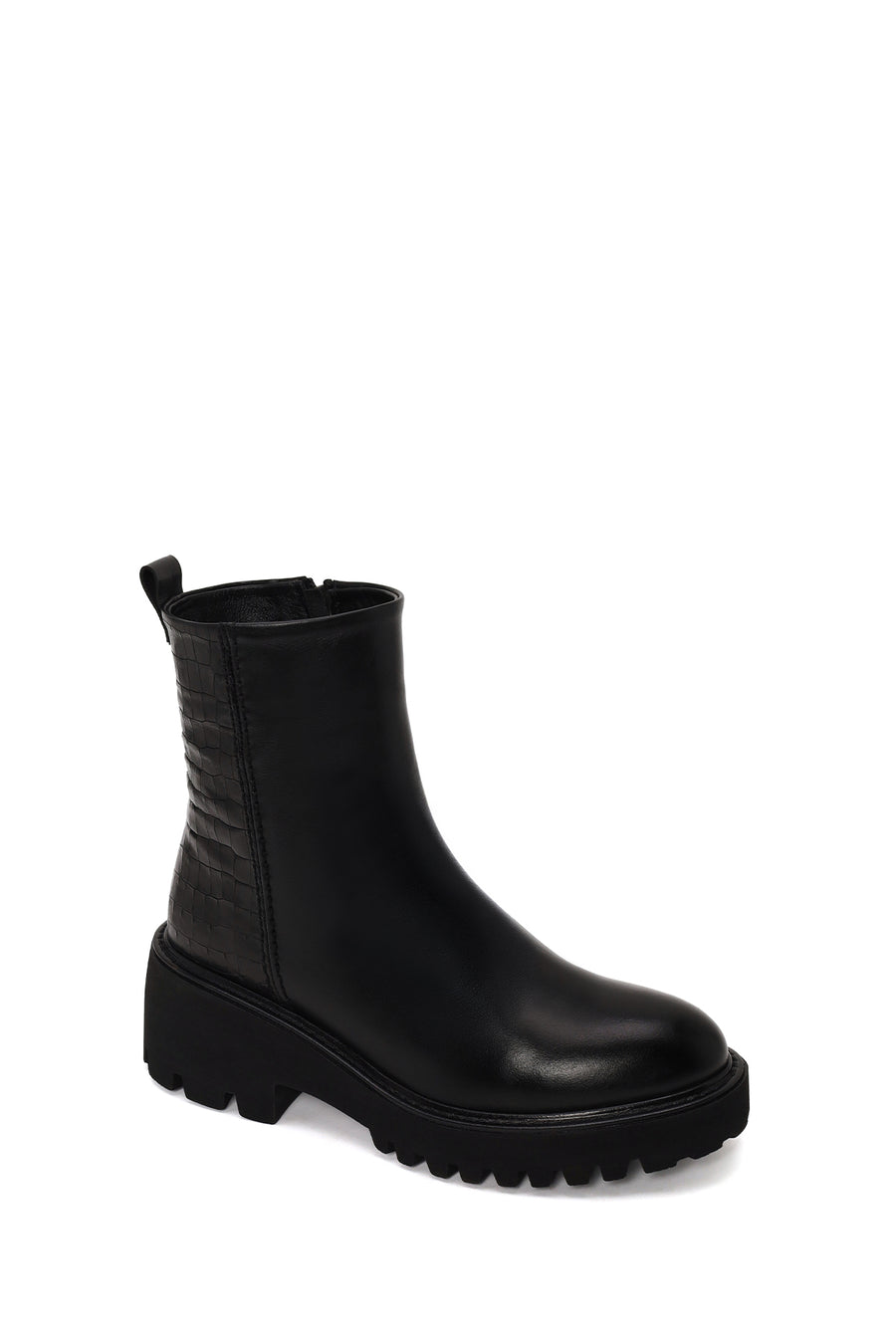 Woman Black Zip Closure Patterned Thick-Soled Leather Boots