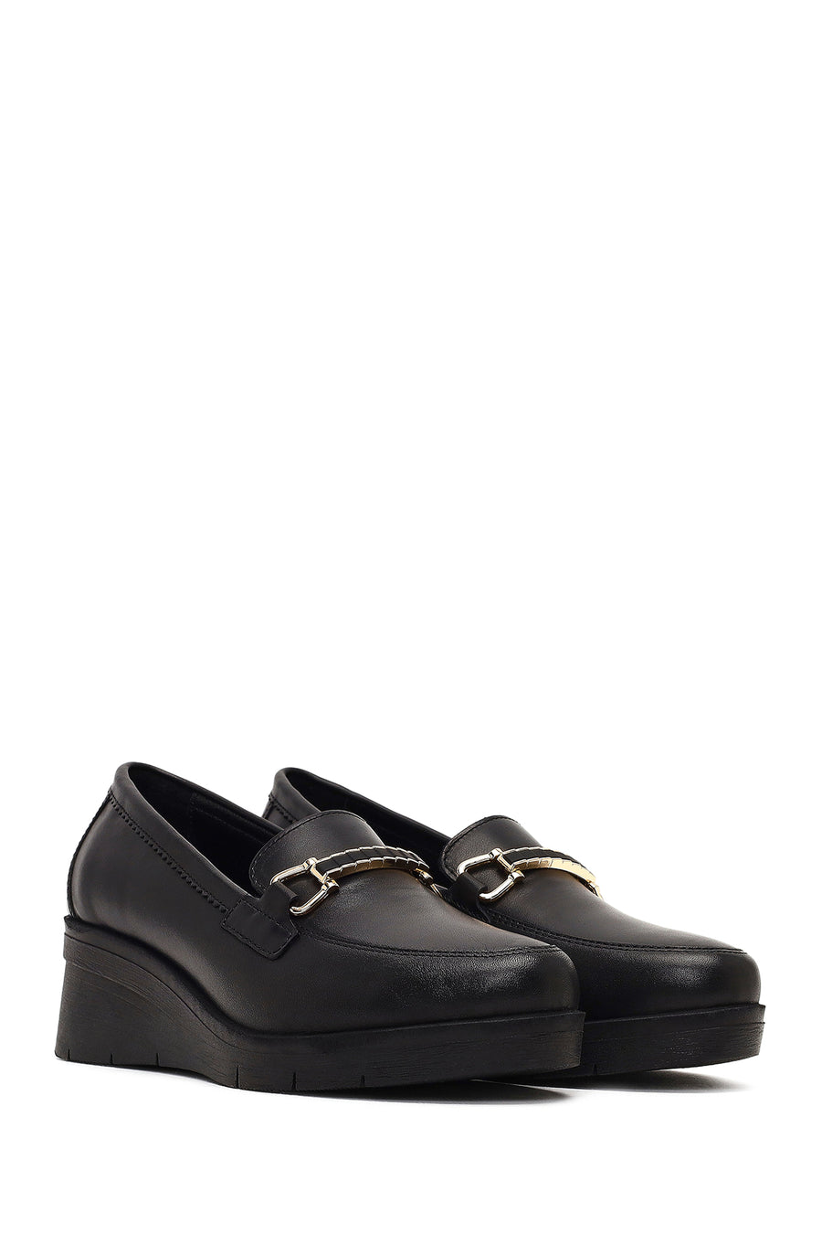 Woman Black Buckled Wedge Leather Comfort Loafer