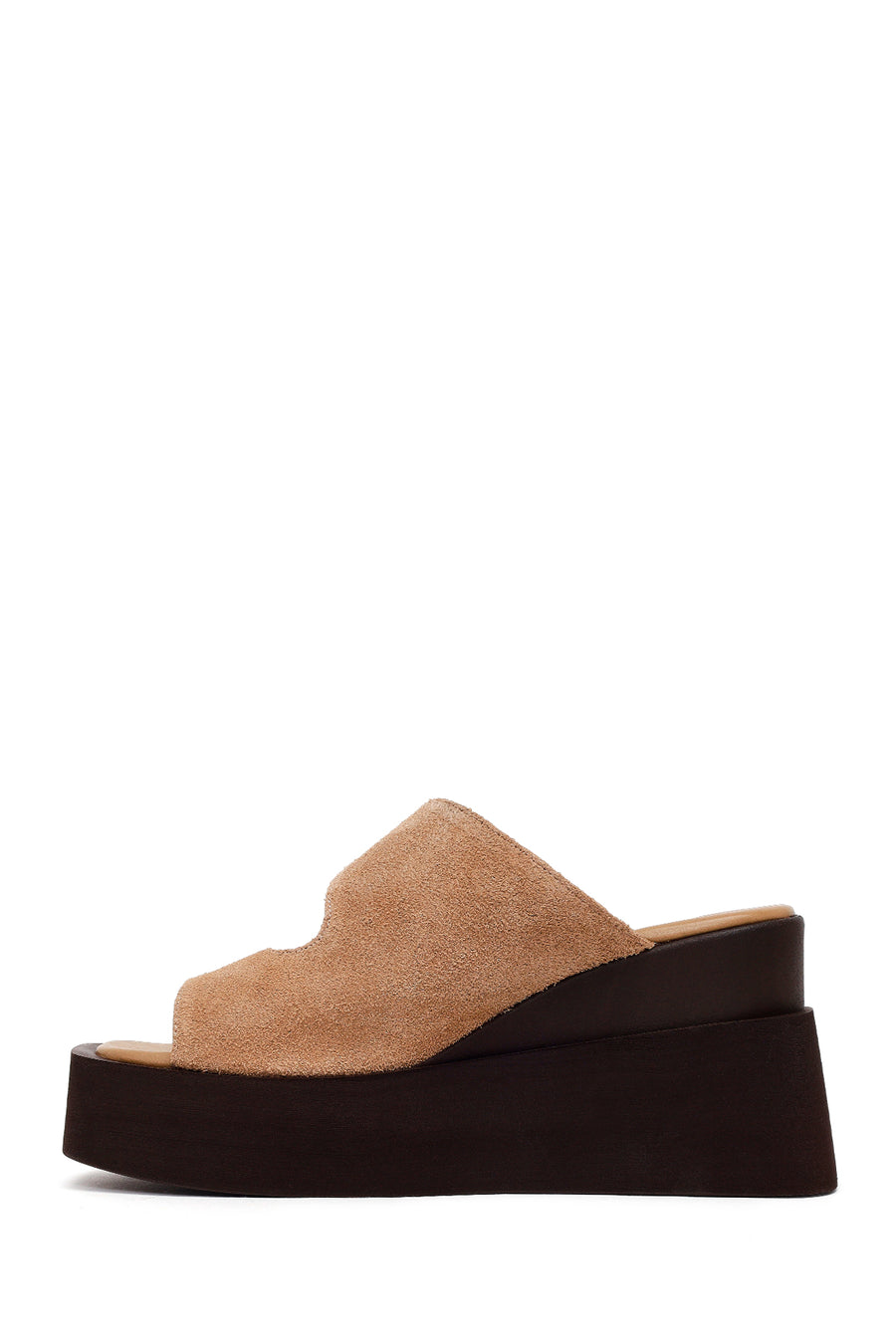 Woman Beige Buckled Wedge Heel Suede Slipper
