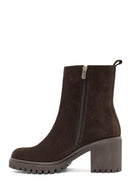 Woman Brown Zippered Suede Heels Leather Boat | Derimod