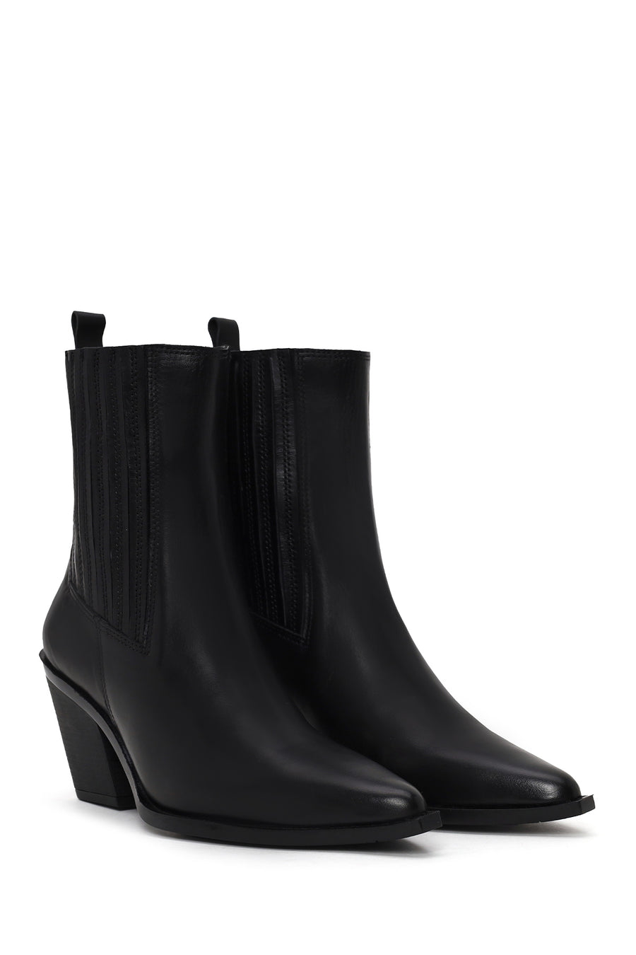 Woman Black Chunky-Heel Leather Cowboy Boots