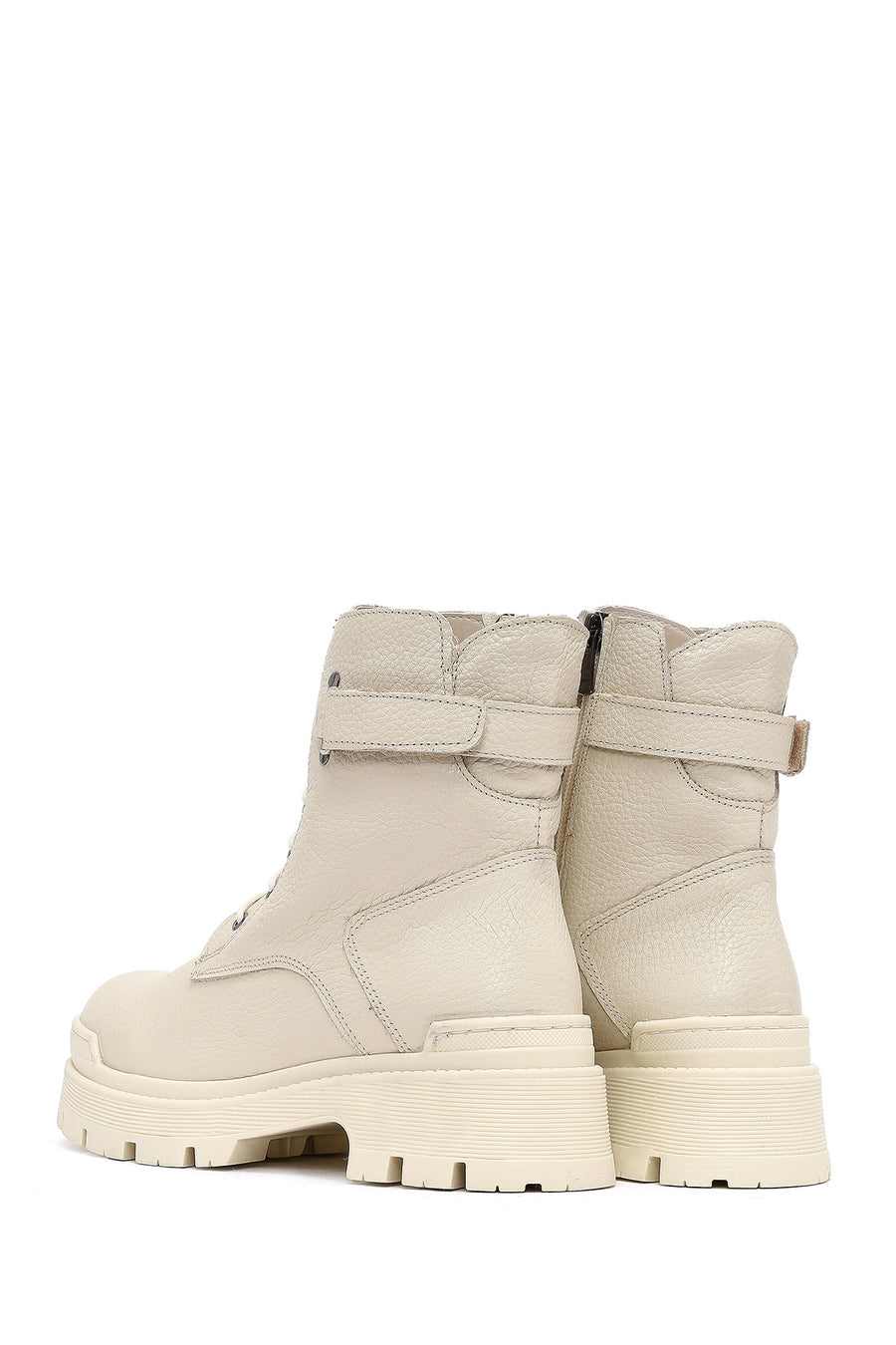 Woman Beige Lace-Up Zippered Thick Sole Leather Postal Boots