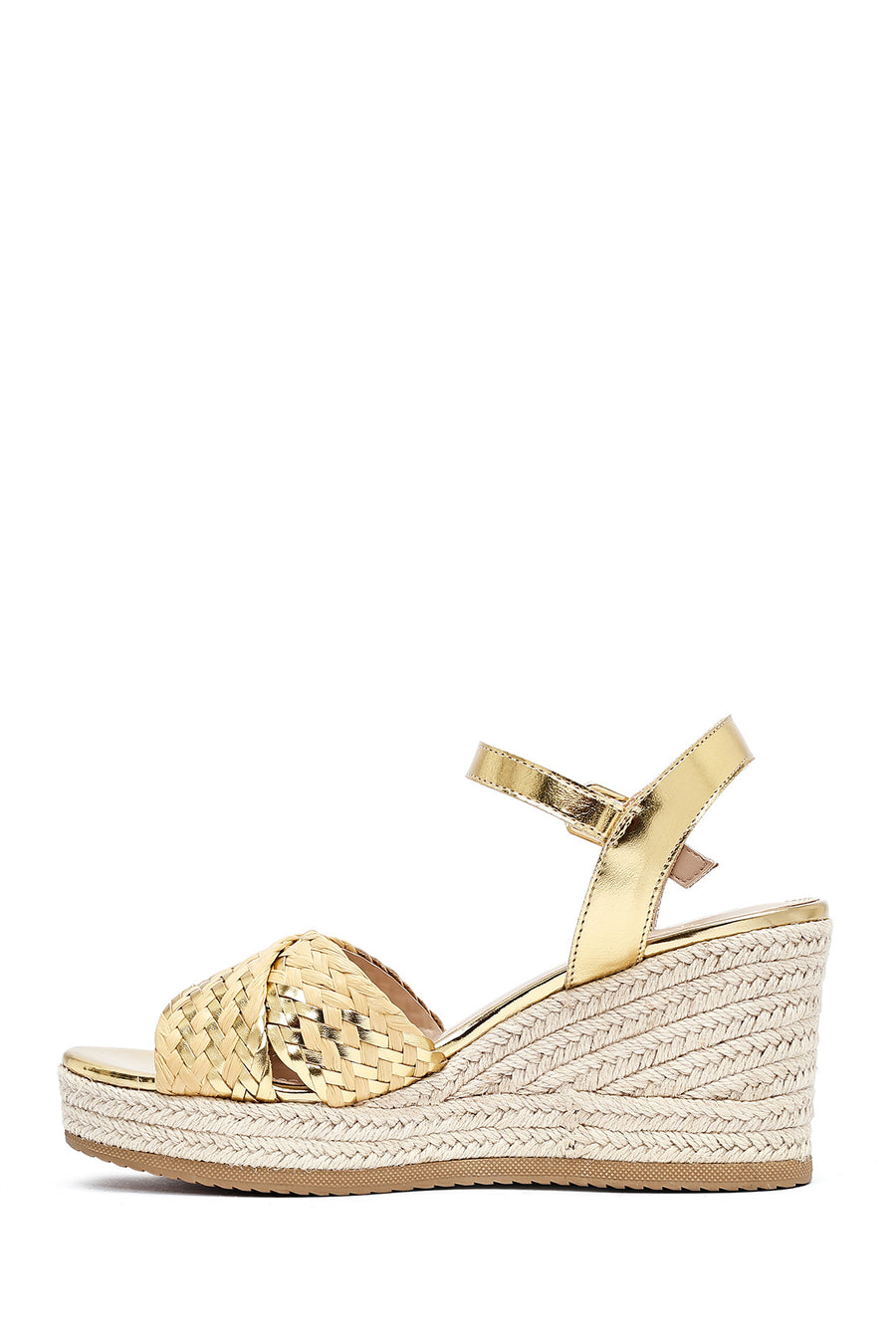 Women's Gold Ankle Buckle Braided Wedge Heel Espadrille Sandals