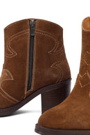 Woman Tan Suede Chunky Heel Leather Cowboy Boots | Derimod