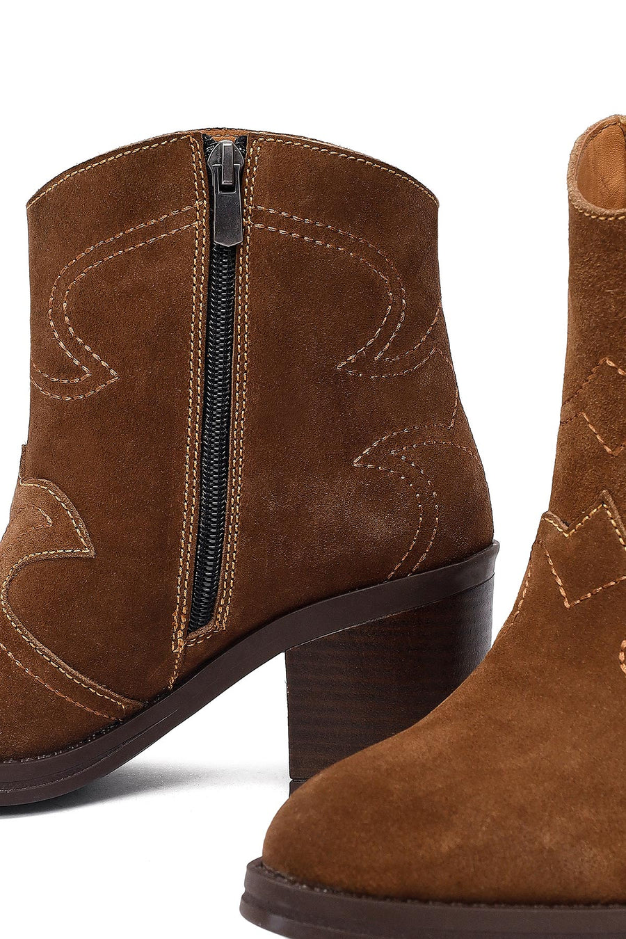 Woman Tan Suede Chunky Heel Leather Cowboy Boots