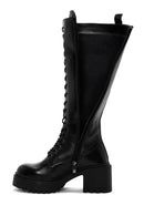 Women's Black Lace-Up Zipper Detailed Thick Heeled Leather Boots | Derimod