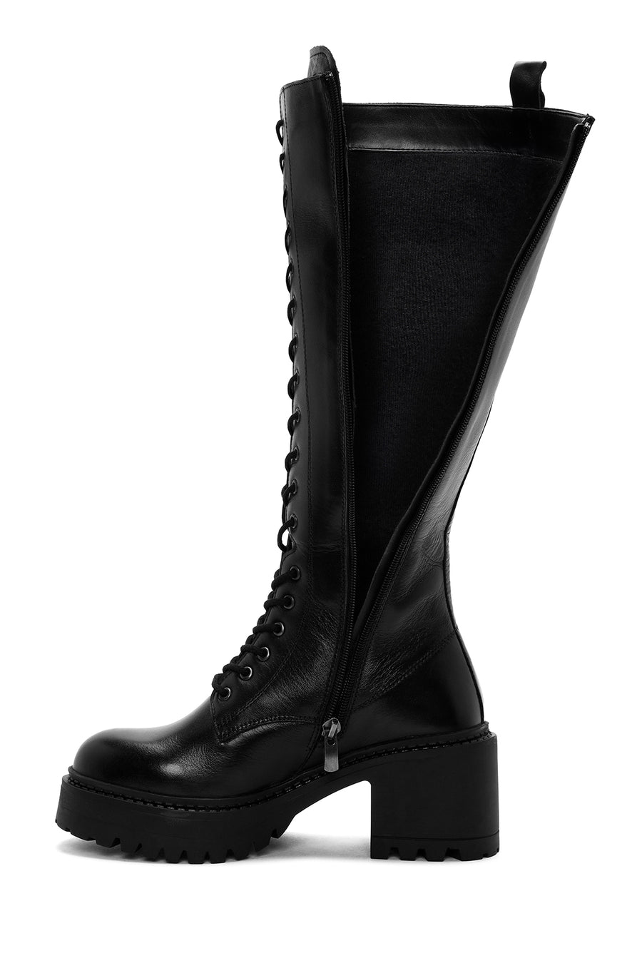 Women's Black Lace-Up Zipper Detailed Thick Heeled Leather Boots