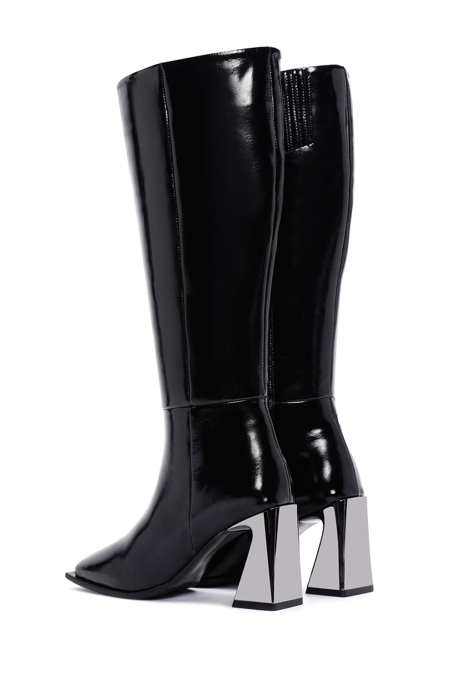 Women's Black Thick Heeled Zippered Patent Leather Boots