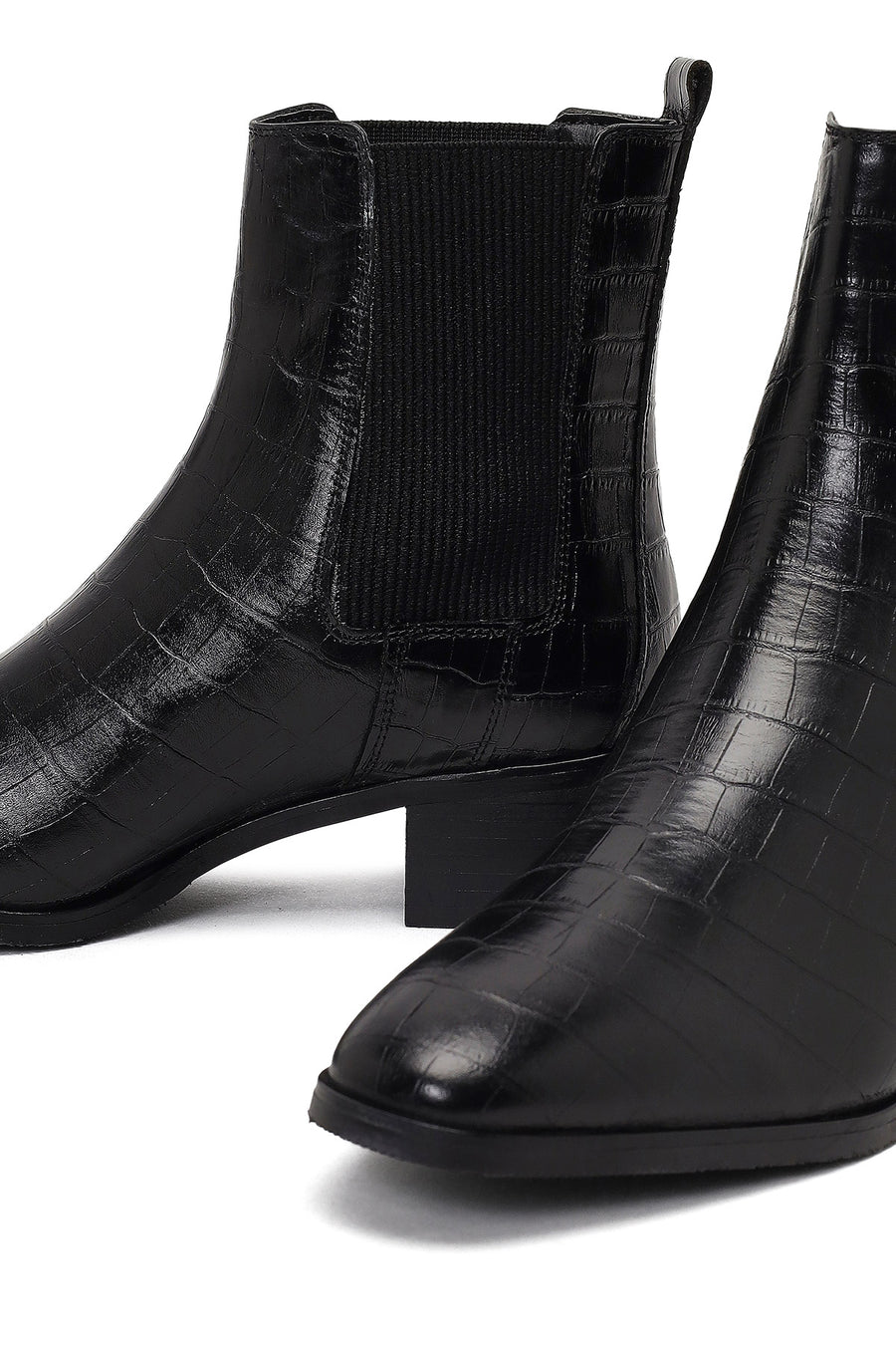 Women's Black Croco Patterned Short Thick Heel Leather Chelsea Boot