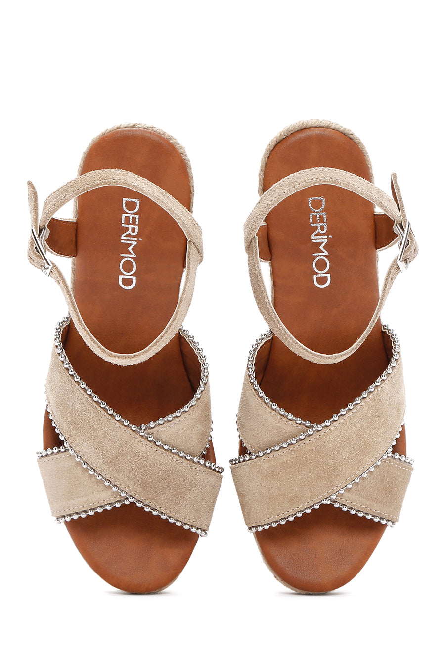 Women's Beige Ankle Strap Wedge Heel Suede Leather Espadrille Sandals