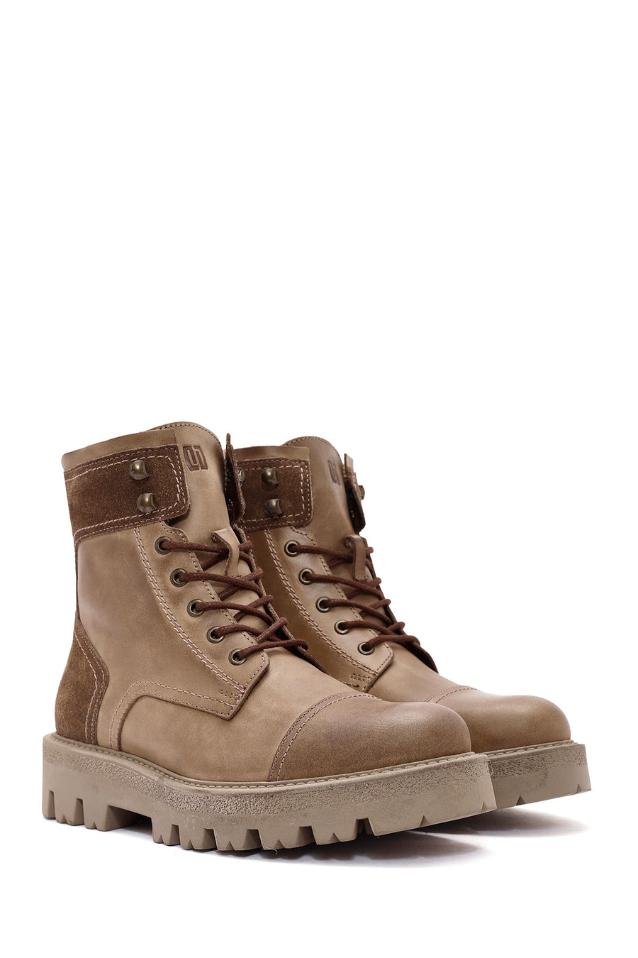 Men's Green Lace-Up Zipper Detailed Leather Casual Boots