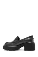 Women's Black Thick Heeled Leather Masculine Loafer | Derimod