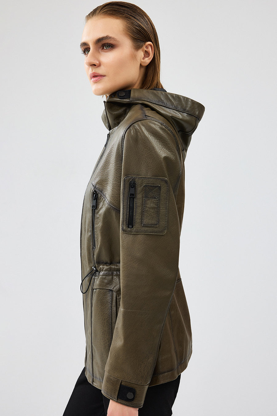 Jessica Women's Khaki Hooded Leather Jacket