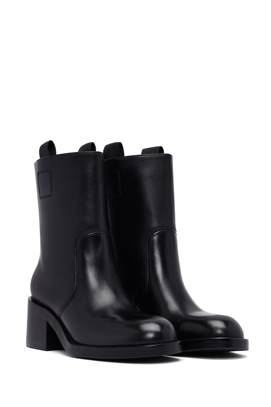 Women's Black Short Thick Heel Leather Boots