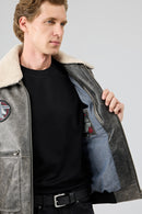 Hurricane Men's Grey Fur Collar Pilot Leather Jacket with Emblem | Derimod