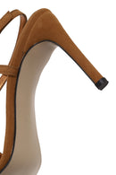 Woman Tan Ankle-Buckle High Thin-Heel Suede Sandal | Derimod