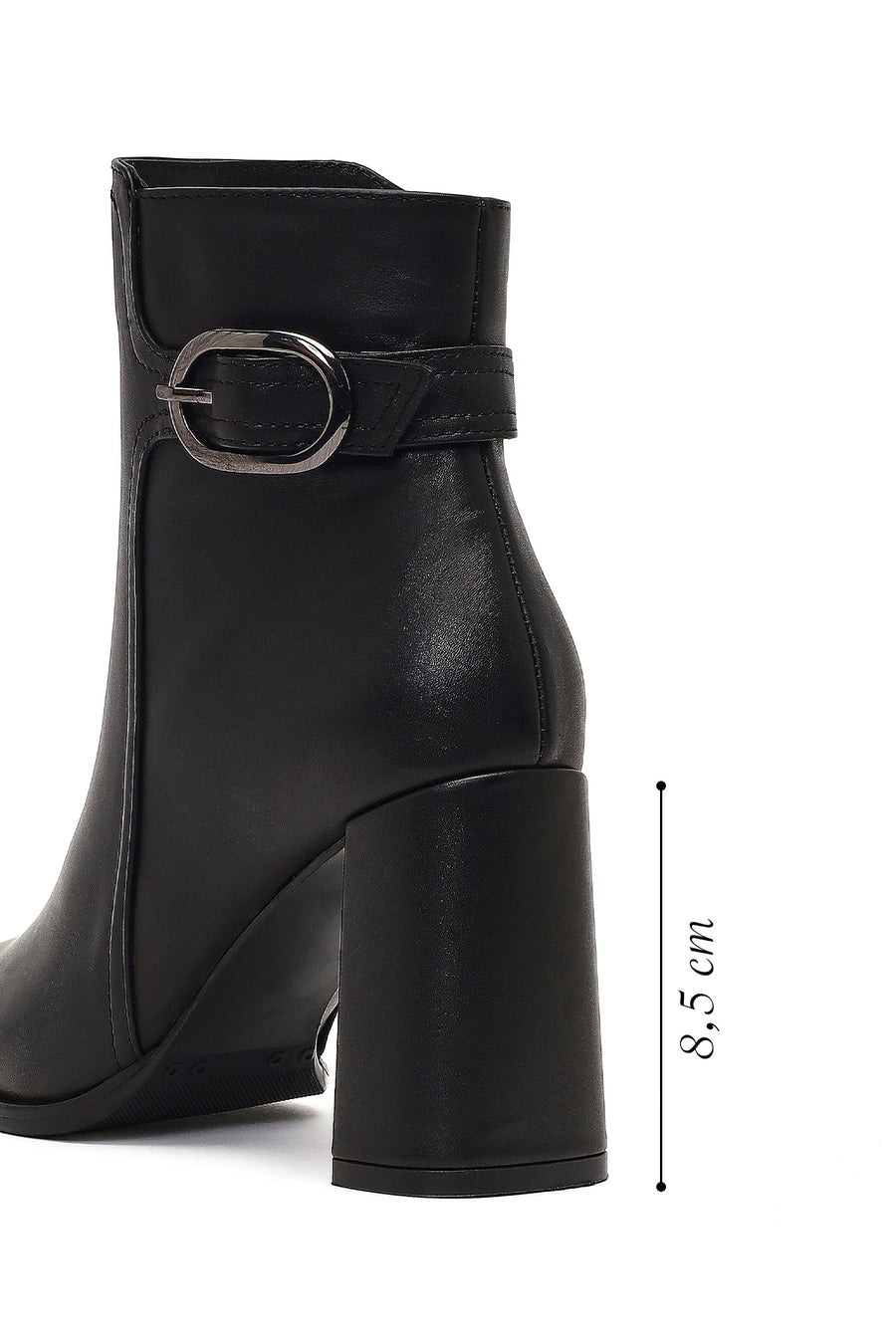 Women's Black Buckled Zippered Thick Heeled Leather Boot