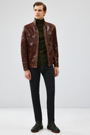Wade Men's Brown Slim-Fit Leather Jacket | Derimod