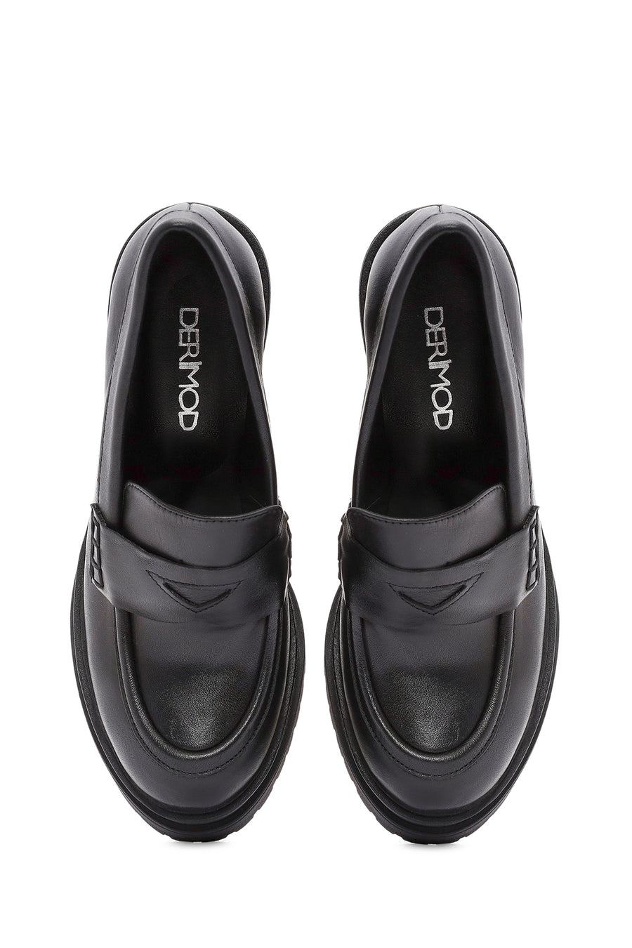Women's Black Thick Heeled Leather Masculine Loafer