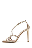 Women's Gold Ankle Buckle Thin Heel Metallic Leather Sandals | Derimod