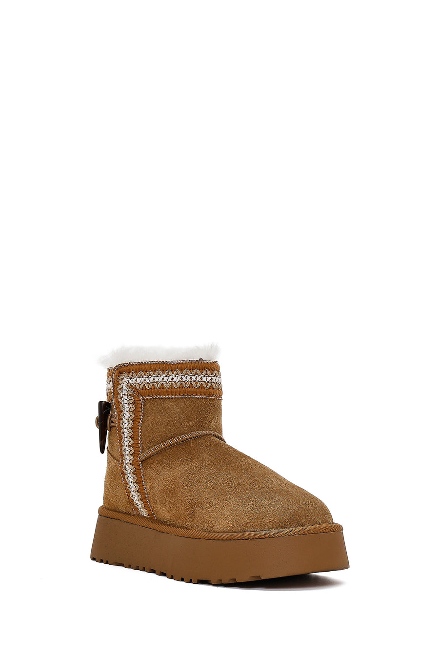 Women's Tan Thick-Soled Patterned Suede Leather Teddy Boots