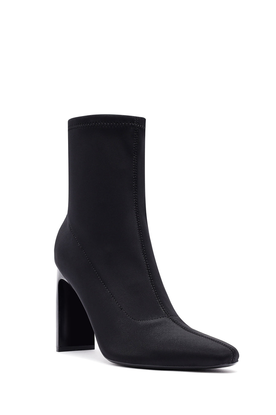 Woman Black Zip Closure High Thick Heeled Fabric Boots
