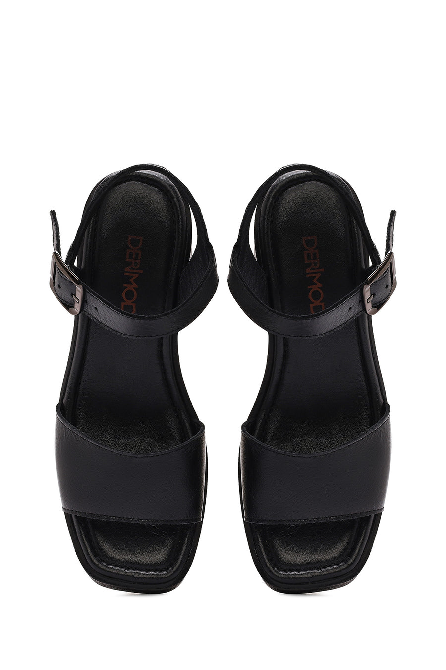 Women's Black Ankle Buckle Platform Chunky High Heel Leather Sandals