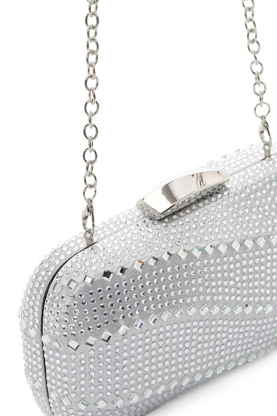 Women's Silver Long Chain Strap Stone Mini Box Evening Bag