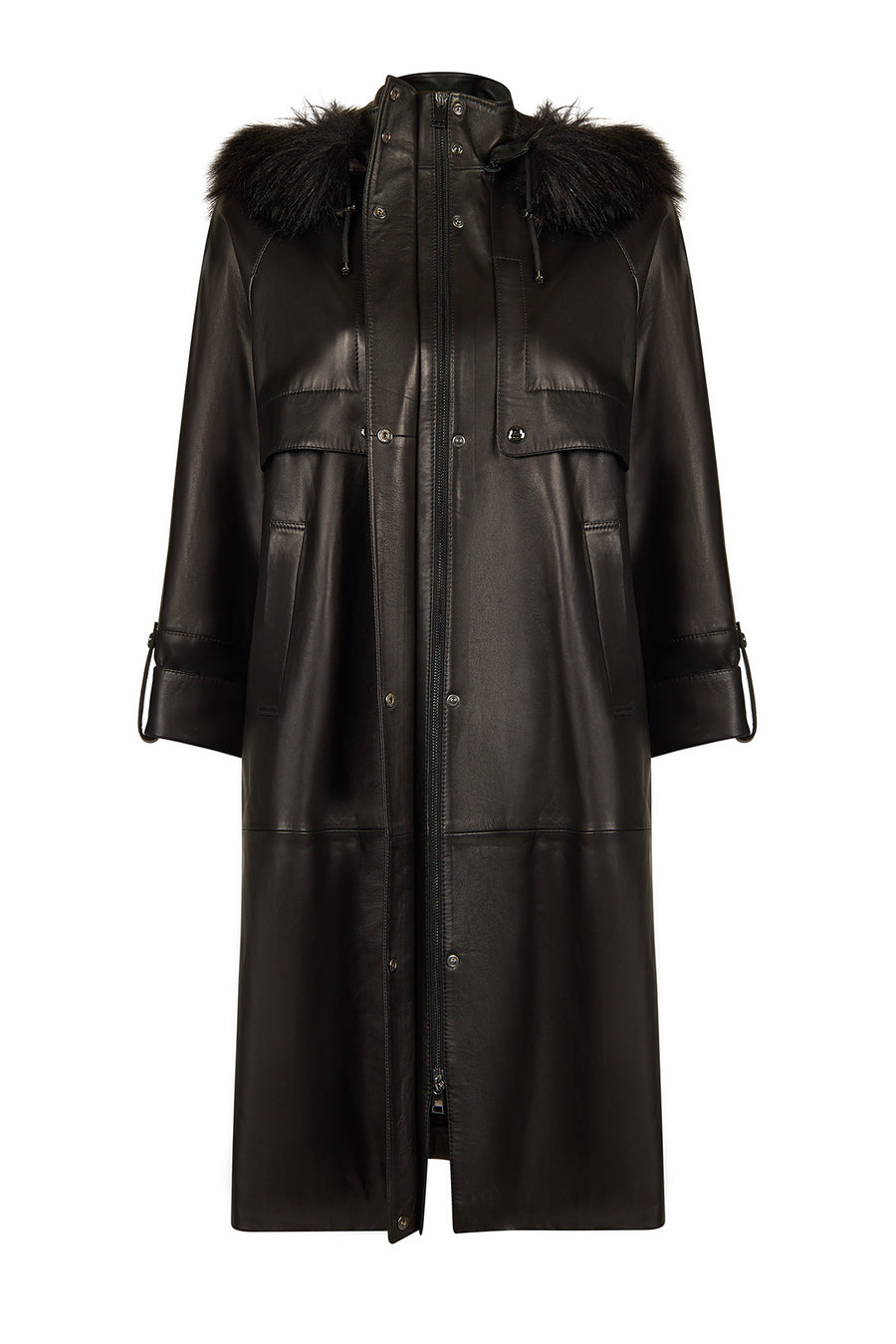 Adele Woman Black A-Line Hooded Fur Collar Leather Overcoat