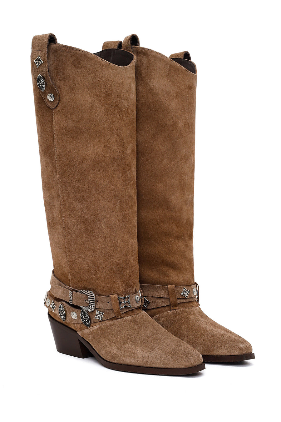 Woman Beige Thick-Heeled Suede Cowboy Boots