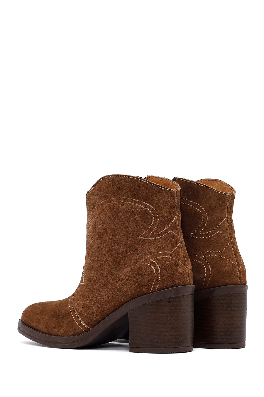 Woman Tan Suede Chunky Heel Leather Cowboy Boots