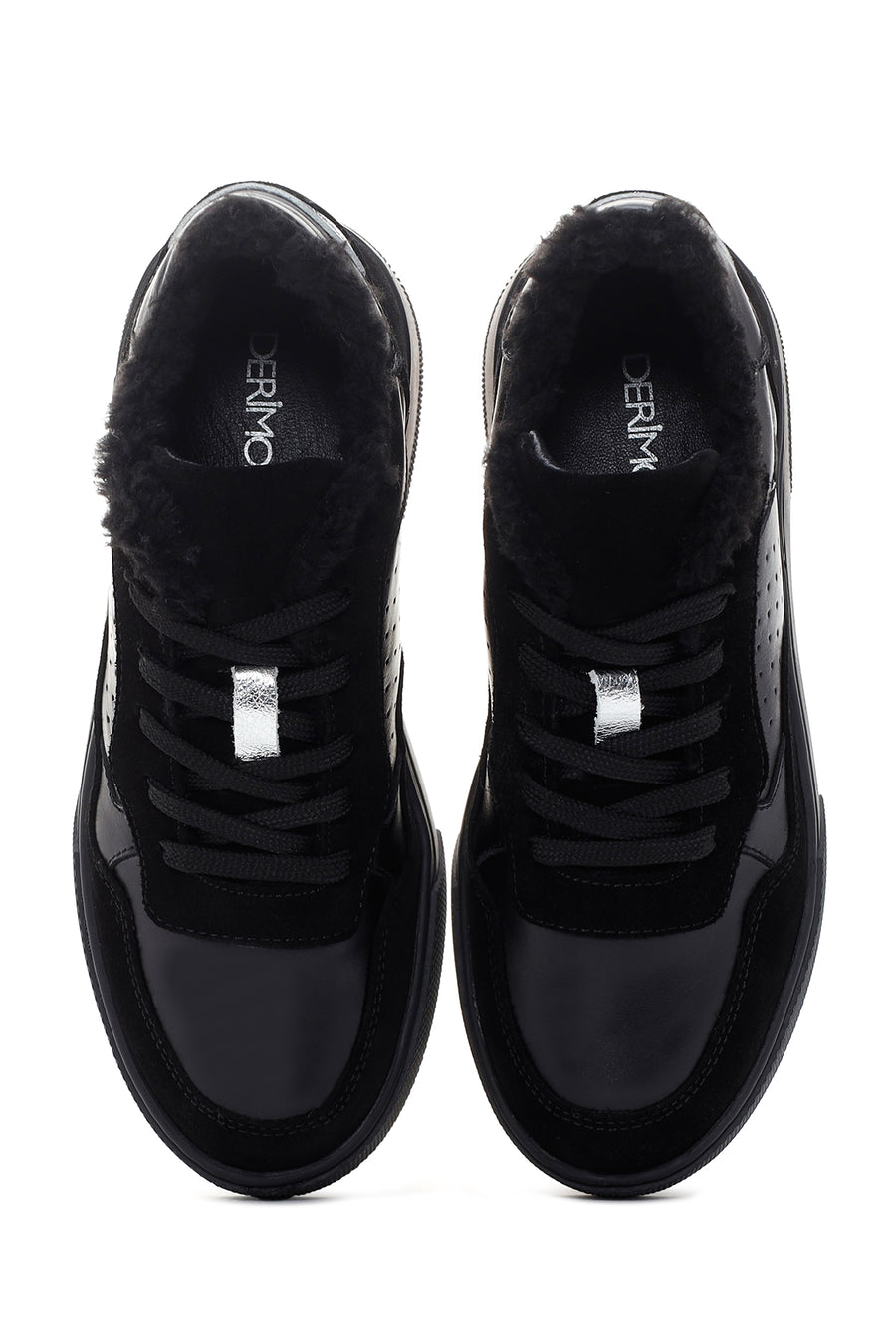 Women's Black Thick Sole Furry Leather Sneaker